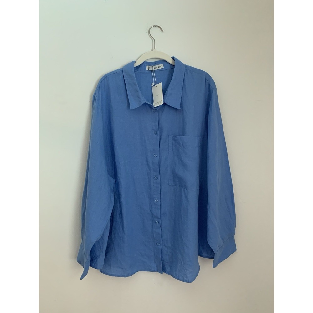Mango Pocket Linen Shirt Women Sz US 20 Blue‎ Buttondown Coastal Summer Capsule